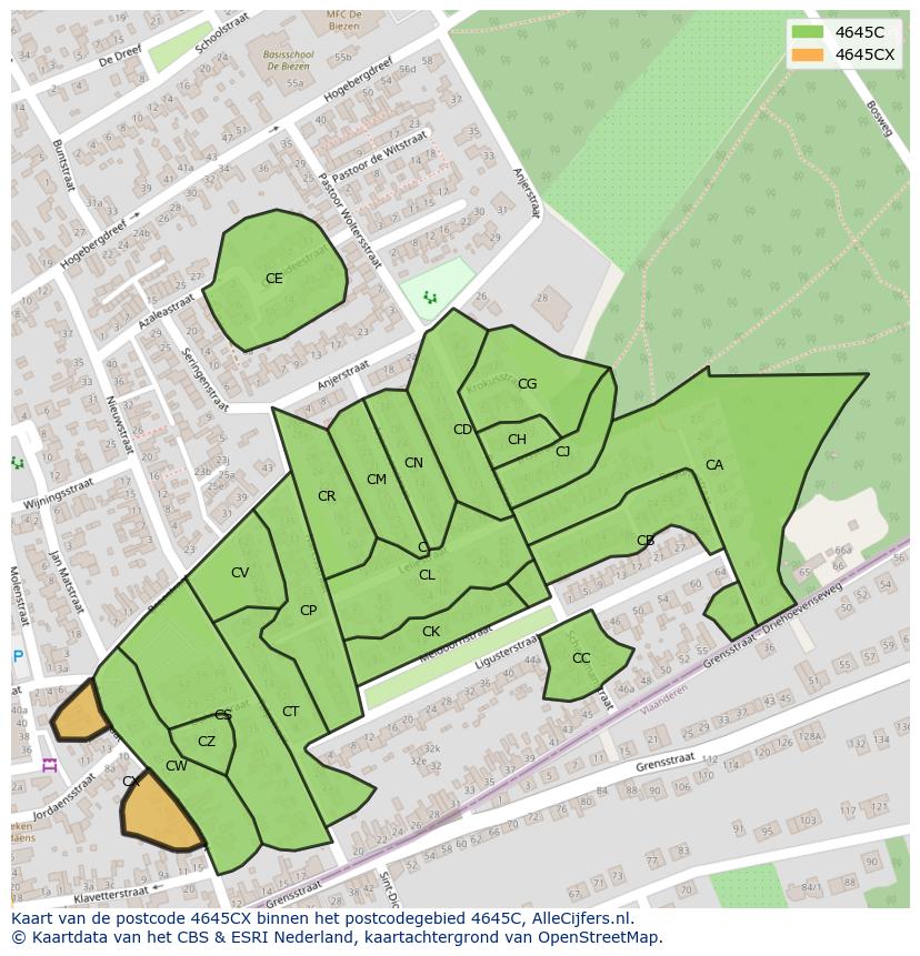 Afbeelding van het postcodegebied 4645 CX op de kaart.