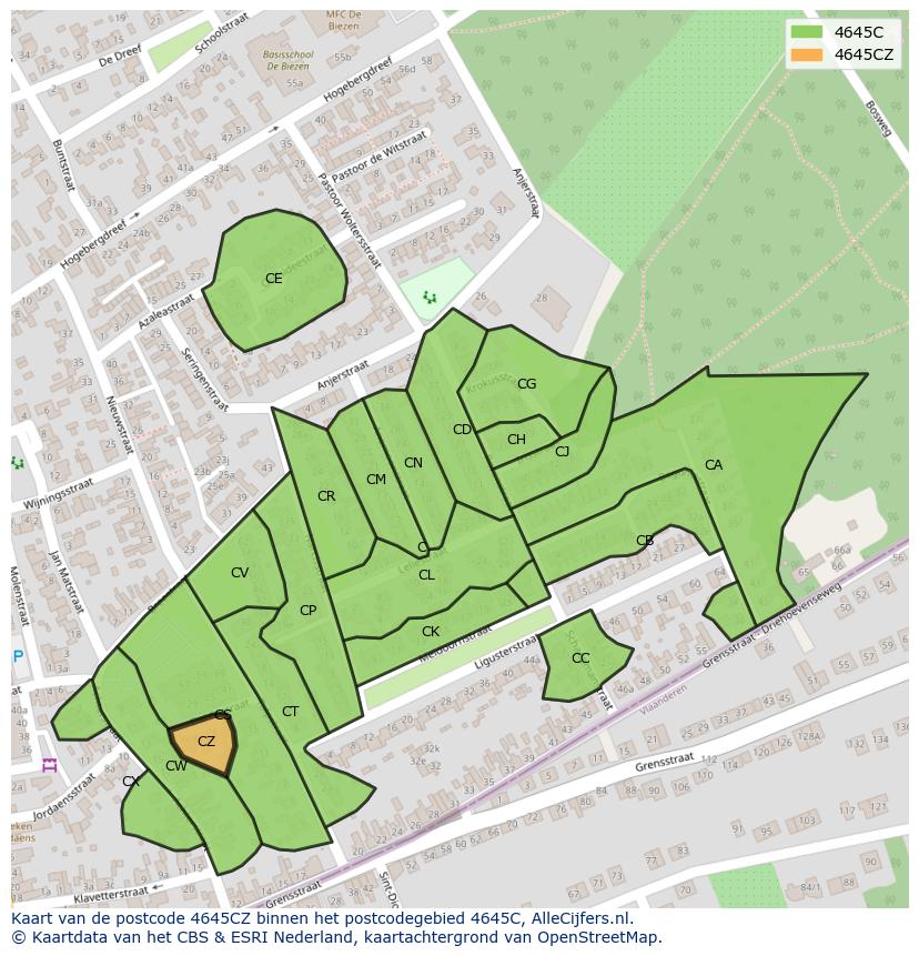Afbeelding van het postcodegebied 4645 CZ op de kaart.