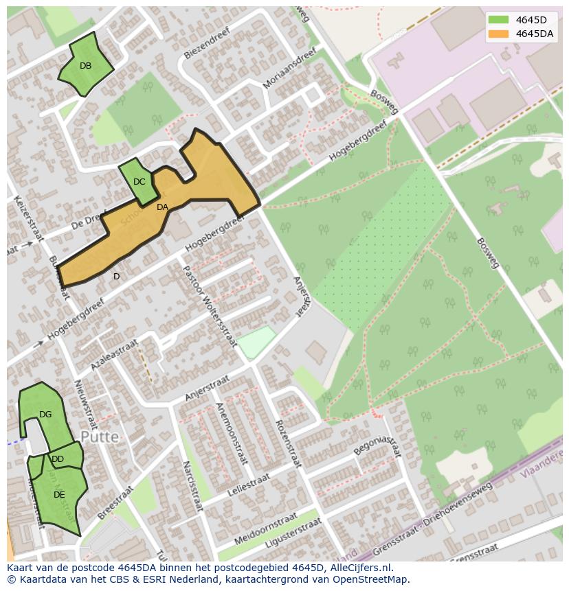 Afbeelding van het postcodegebied 4645 DA op de kaart.