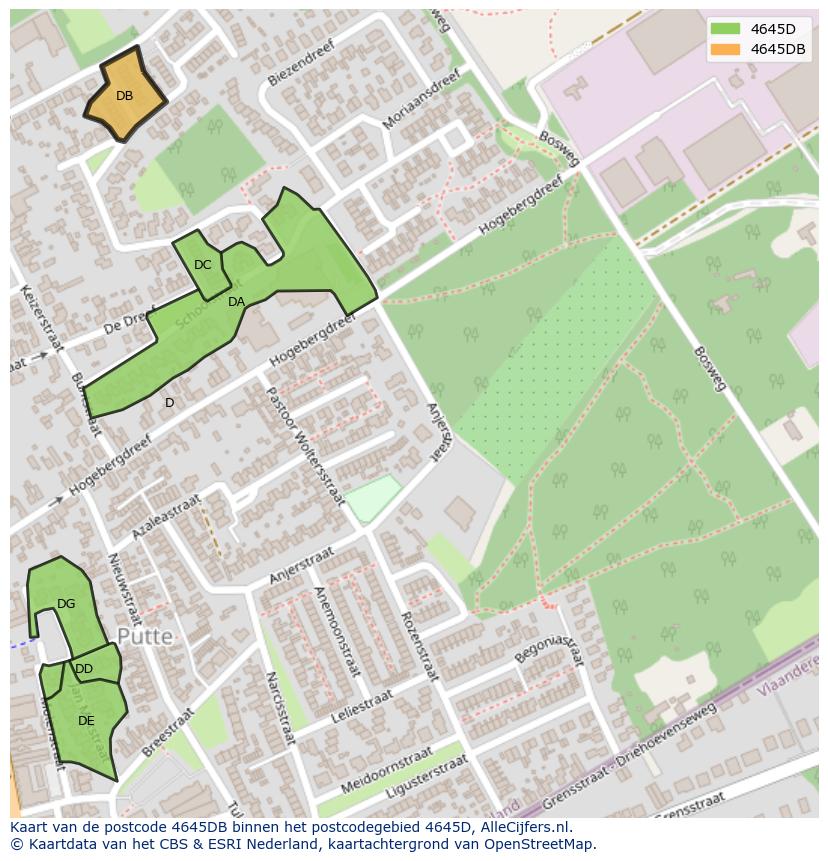 Afbeelding van het postcodegebied 4645 DB op de kaart.