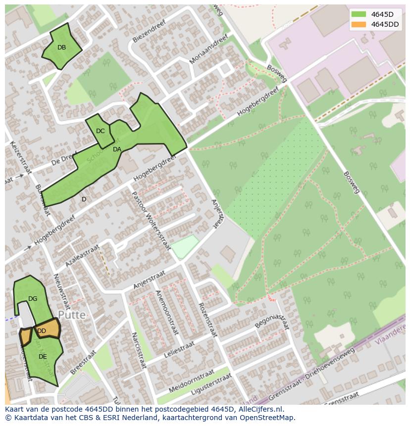 Afbeelding van het postcodegebied 4645 DD op de kaart.