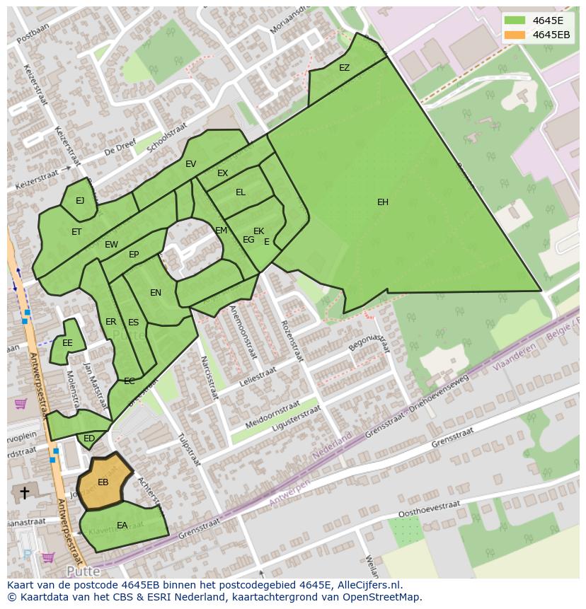 Afbeelding van het postcodegebied 4645 EB op de kaart.