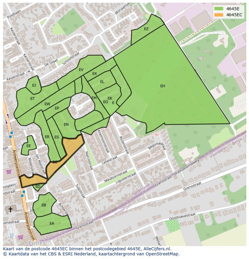 Afbeelding van het postcodegebied 4645 EC op de kaart.