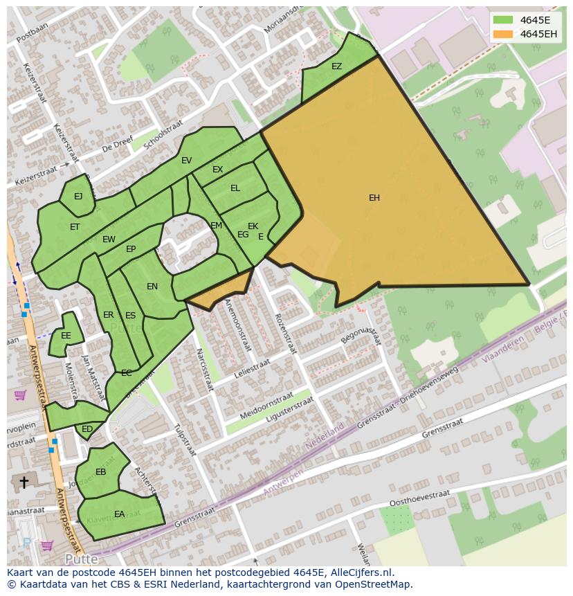 Afbeelding van het postcodegebied 4645 EH op de kaart.
