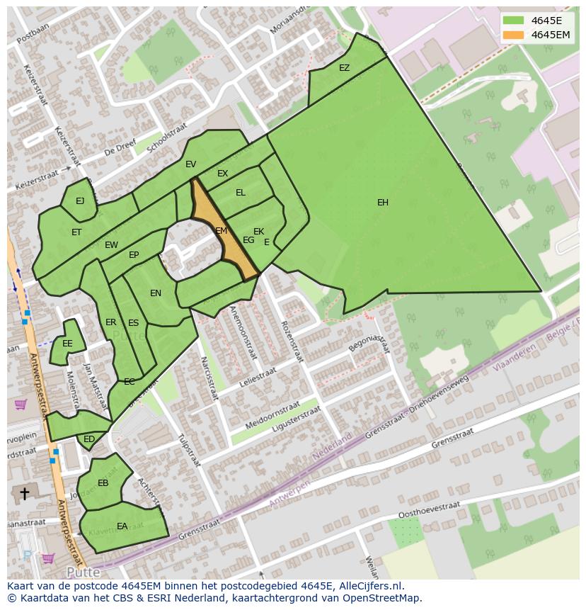 Afbeelding van het postcodegebied 4645 EM op de kaart.