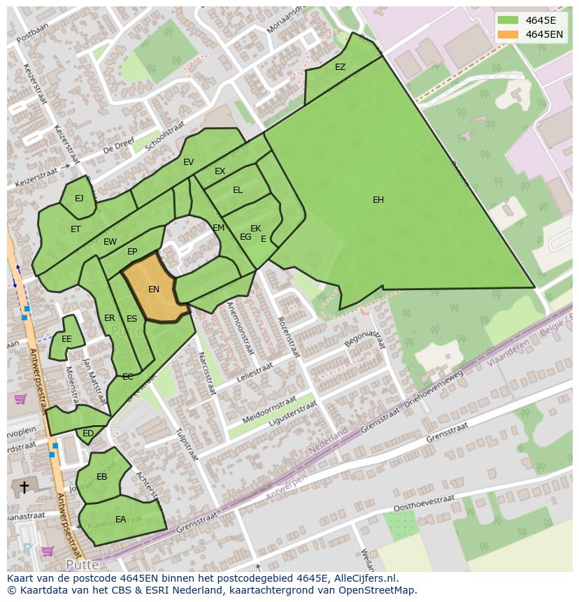 Afbeelding van het postcodegebied 4645 EN op de kaart.
