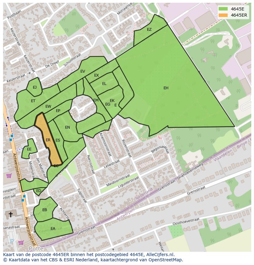 Afbeelding van het postcodegebied 4645 ER op de kaart.