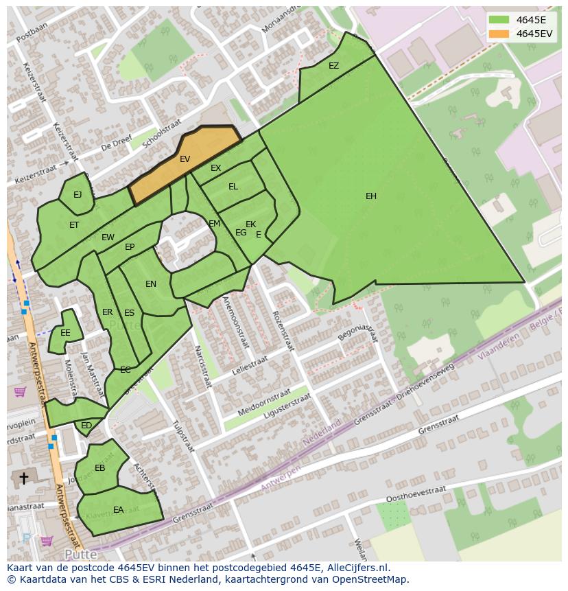 Afbeelding van het postcodegebied 4645 EV op de kaart.