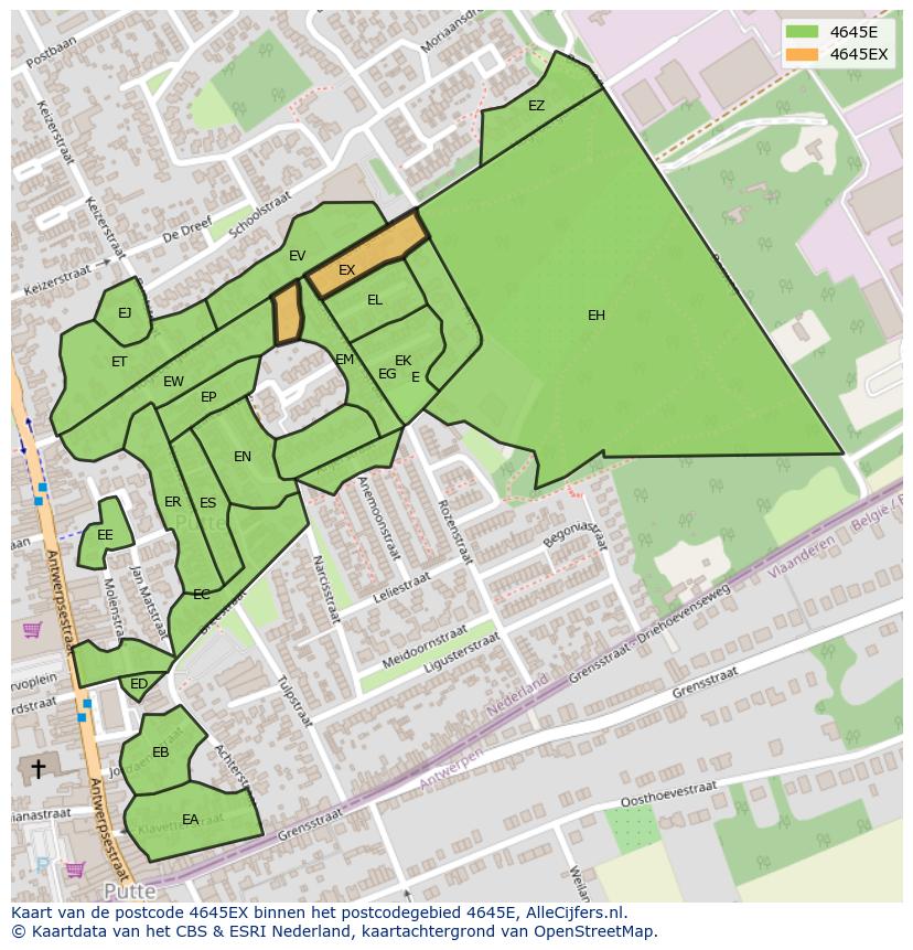 Afbeelding van het postcodegebied 4645 EX op de kaart.
