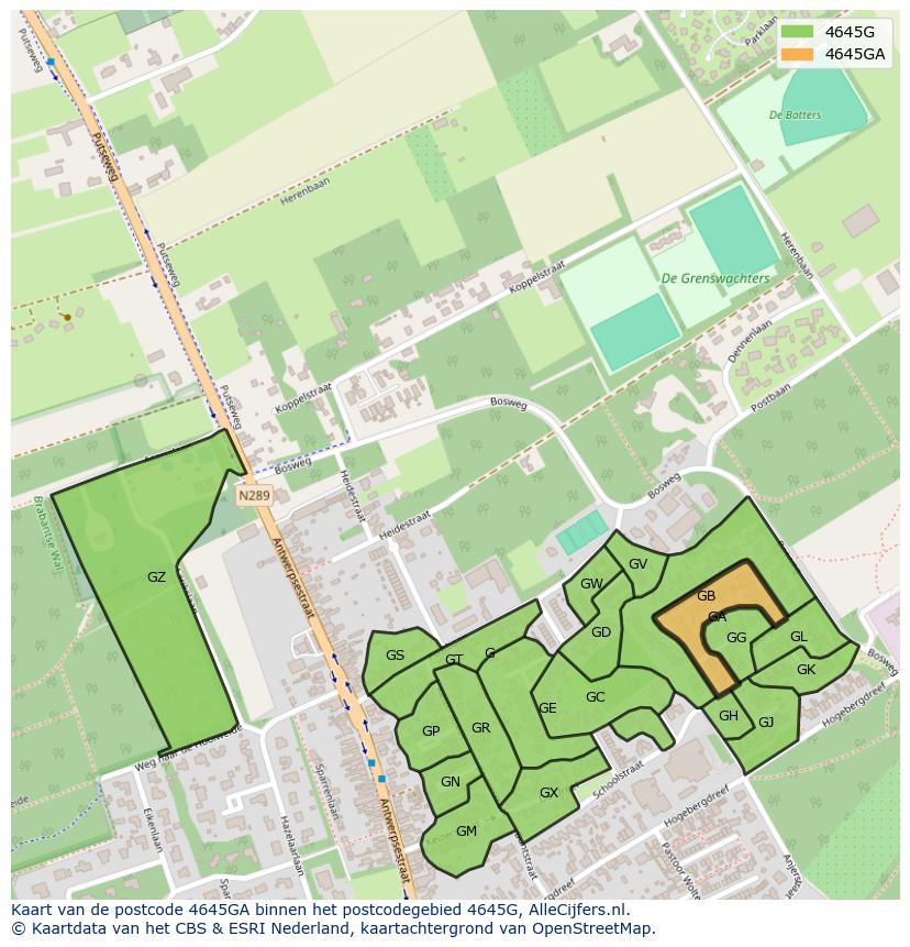 Afbeelding van het postcodegebied 4645 GA op de kaart.