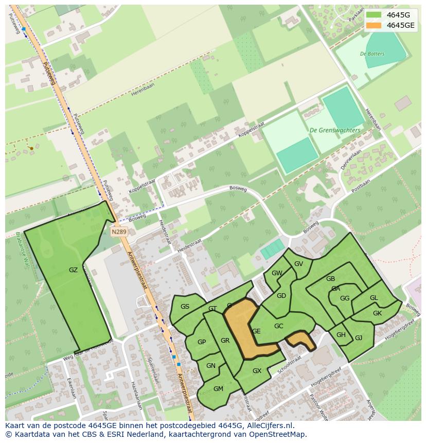 Afbeelding van het postcodegebied 4645 GE op de kaart.