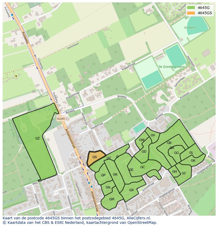 Afbeelding van het postcodegebied 4645 GS op de kaart.