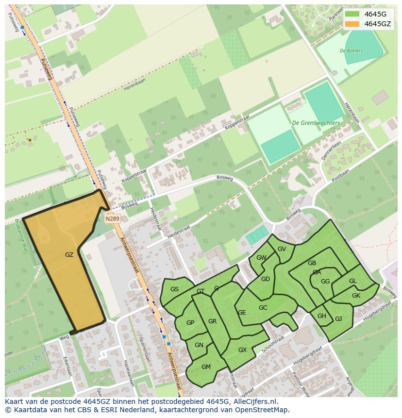 Afbeelding van het postcodegebied 4645 GZ op de kaart.