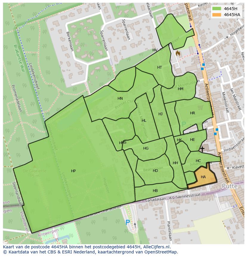Afbeelding van het postcodegebied 4645 HA op de kaart.