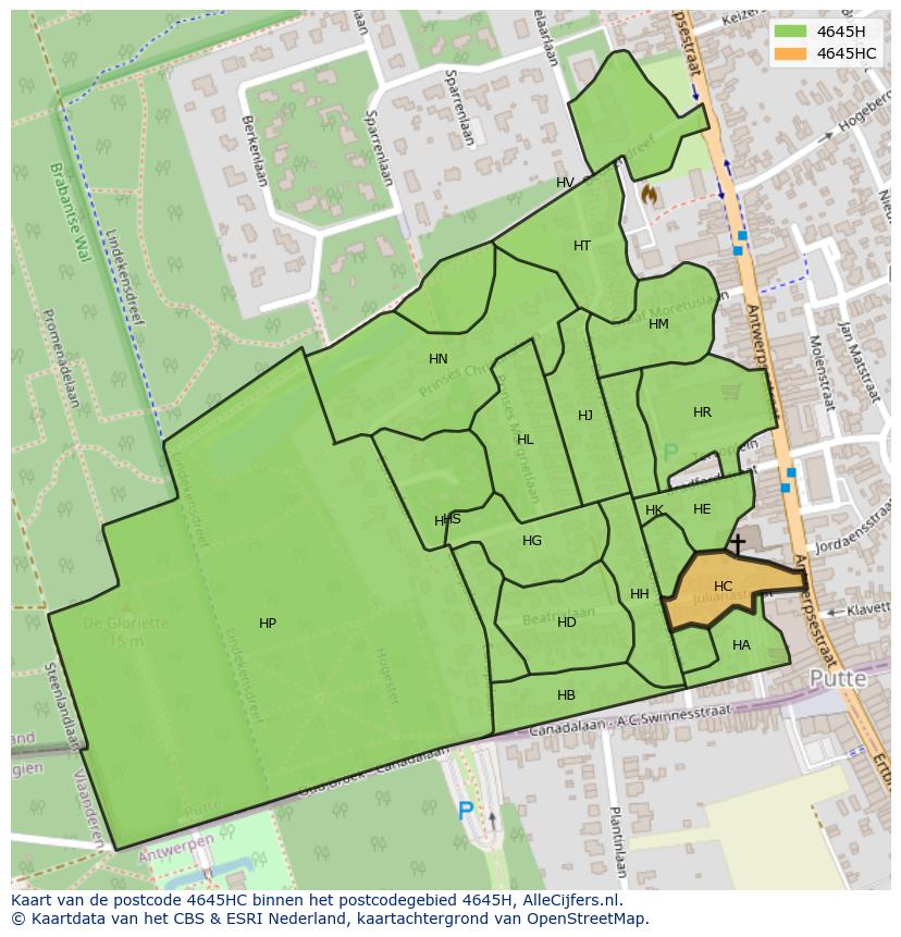 Afbeelding van het postcodegebied 4645 HC op de kaart.