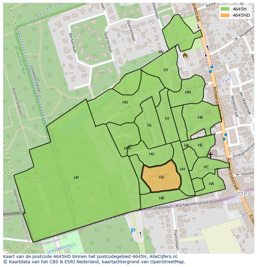 Afbeelding van het postcodegebied 4645 HD op de kaart.