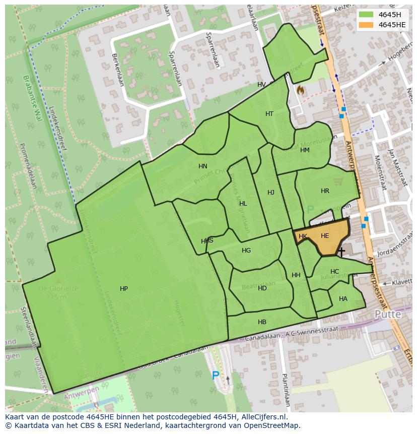 Afbeelding van het postcodegebied 4645 HE op de kaart.