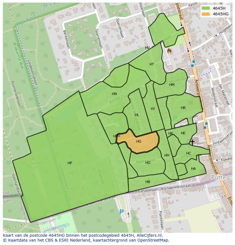 Afbeelding van het postcodegebied 4645 HG op de kaart.