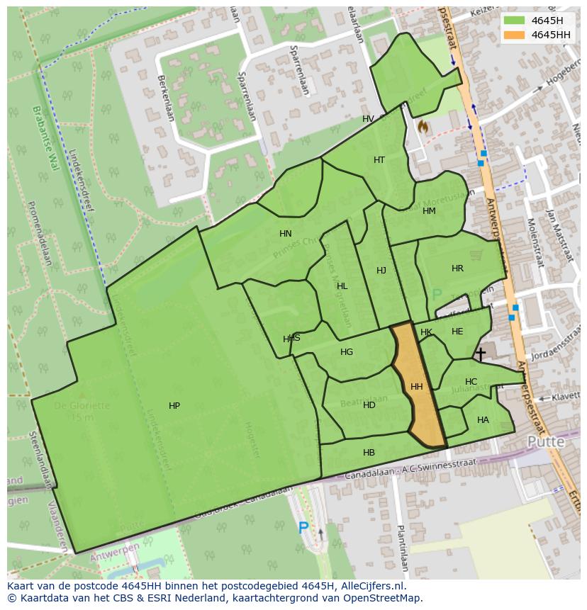 Afbeelding van het postcodegebied 4645 HH op de kaart.