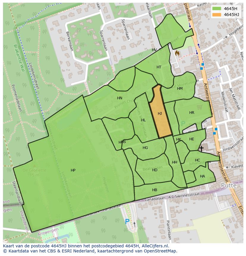 Afbeelding van het postcodegebied 4645 HJ op de kaart.