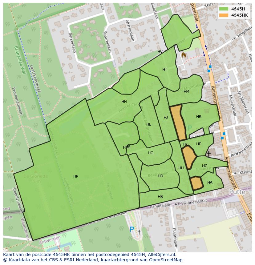 Afbeelding van het postcodegebied 4645 HK op de kaart.