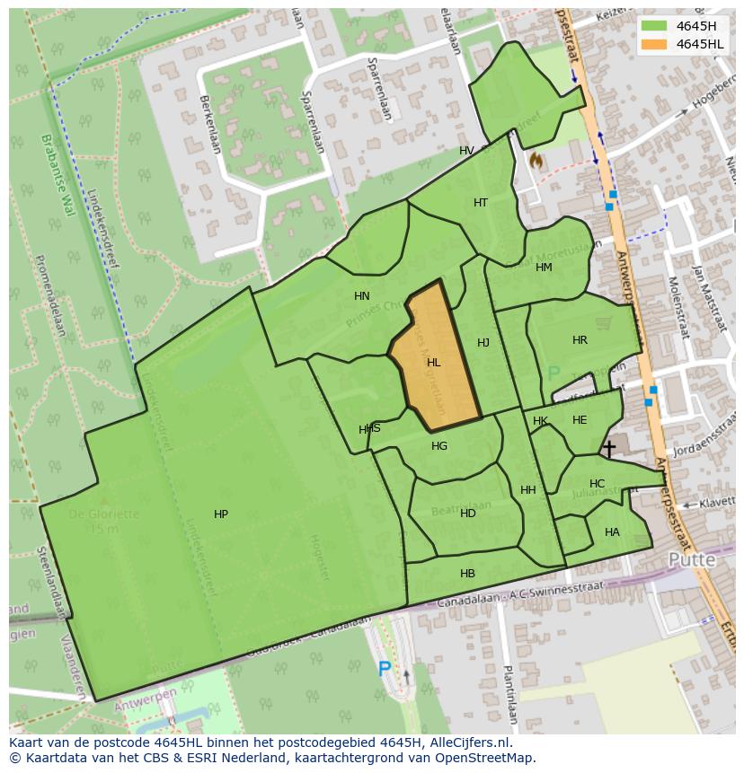 Afbeelding van het postcodegebied 4645 HL op de kaart.