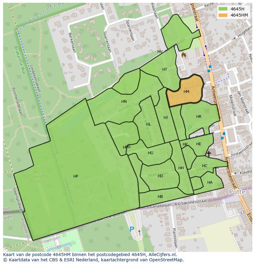 Afbeelding van het postcodegebied 4645 HM op de kaart.