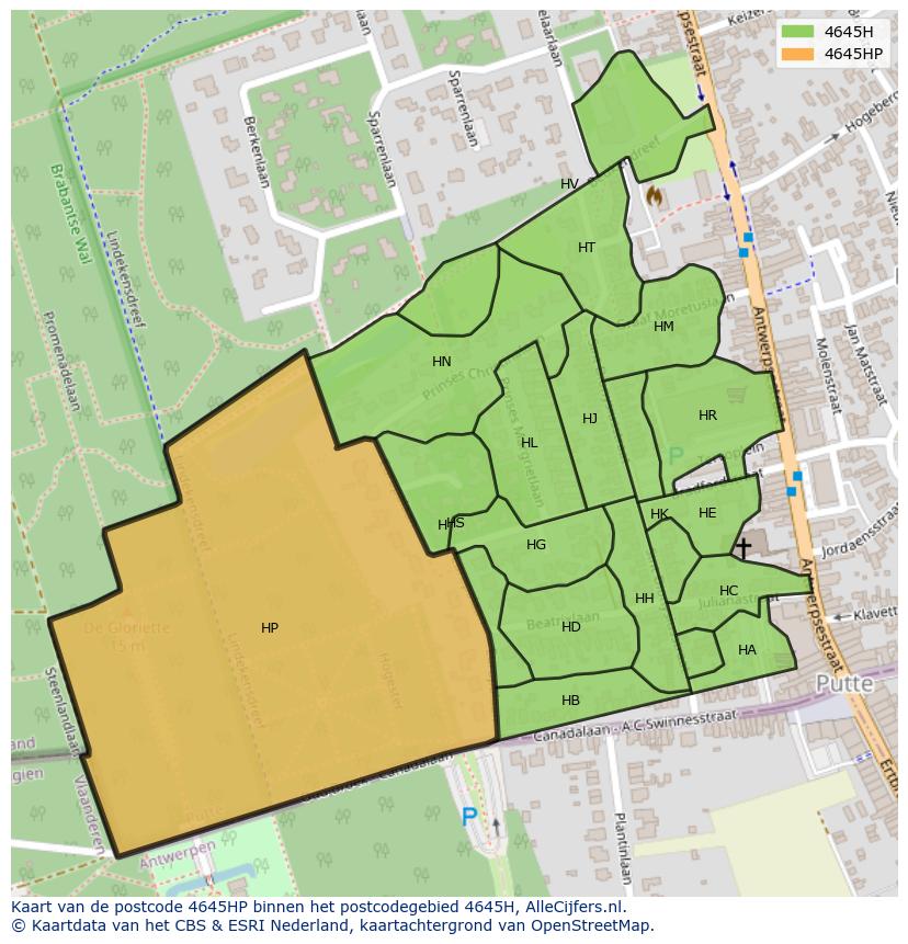 Afbeelding van het postcodegebied 4645 HP op de kaart.