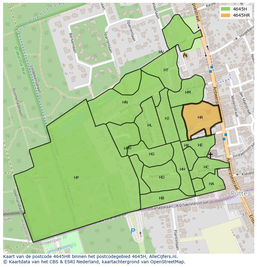 Afbeelding van het postcodegebied 4645 HR op de kaart.