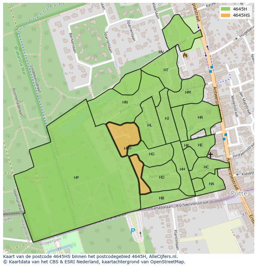 Afbeelding van het postcodegebied 4645 HS op de kaart.