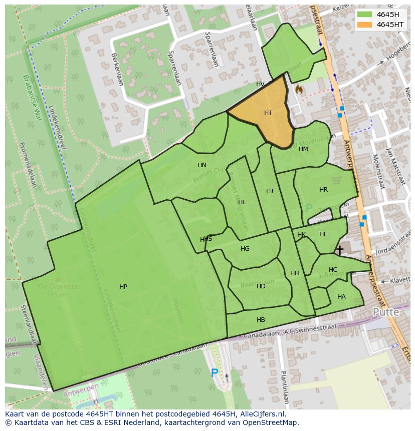 Afbeelding van het postcodegebied 4645 HT op de kaart.