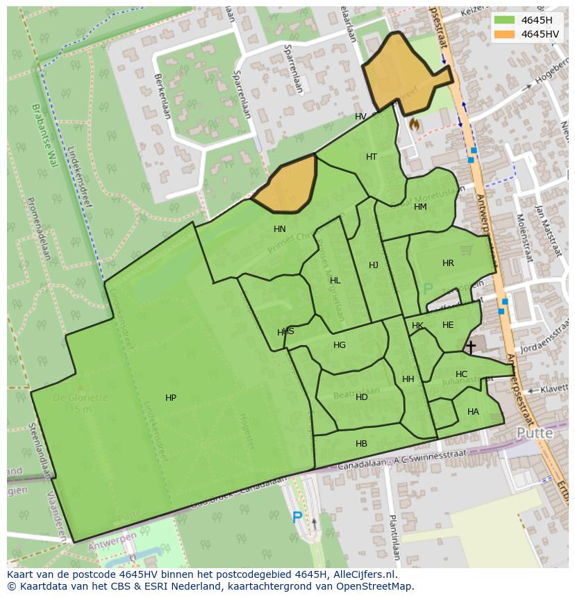 Afbeelding van het postcodegebied 4645 HV op de kaart.