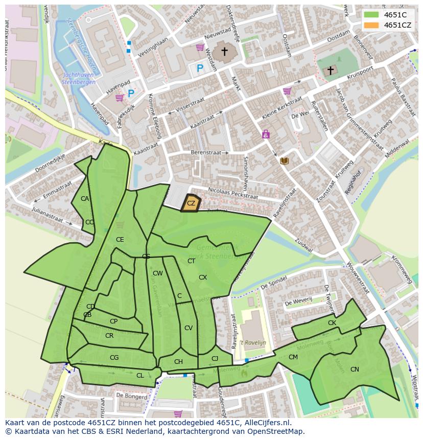 Afbeelding van het postcodegebied 4651 CZ op de kaart.