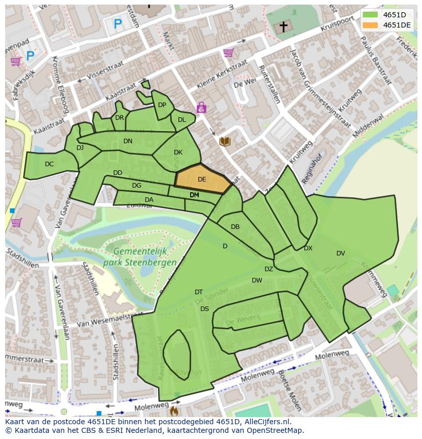 Afbeelding van het postcodegebied 4651 DE op de kaart.