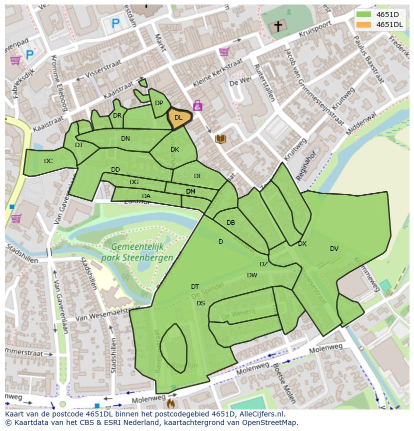 Afbeelding van het postcodegebied 4651 DL op de kaart.