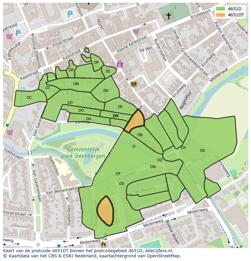 Afbeelding van het postcodegebied 4651 DT op de kaart.