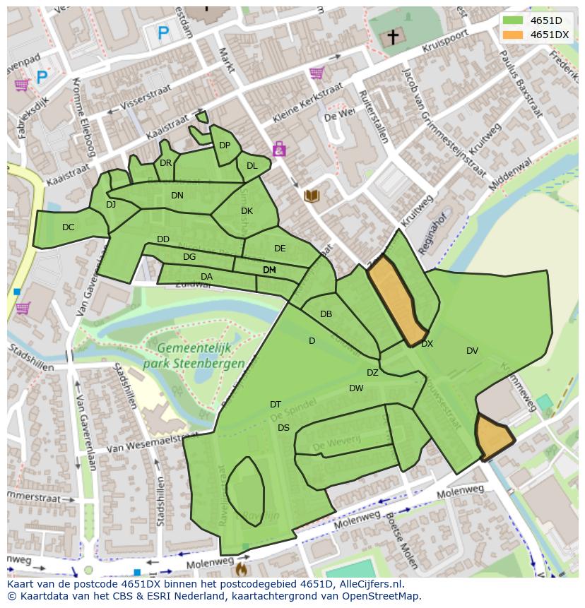Afbeelding van het postcodegebied 4651 DX op de kaart.