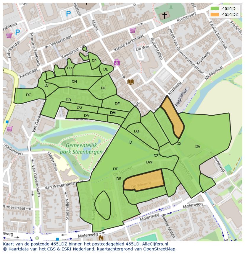 Afbeelding van het postcodegebied 4651 DZ op de kaart.