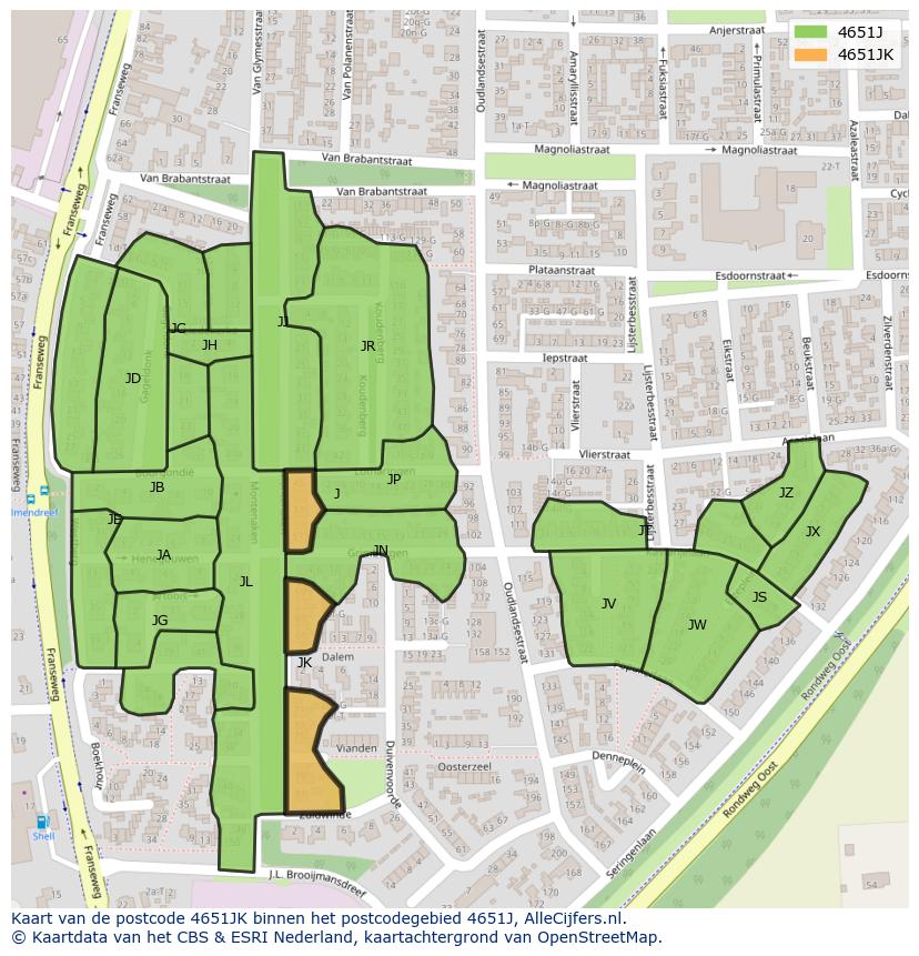 Afbeelding van het postcodegebied 4651 JK op de kaart.