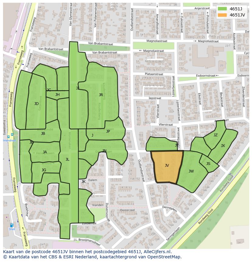 Afbeelding van het postcodegebied 4651 JV op de kaart.