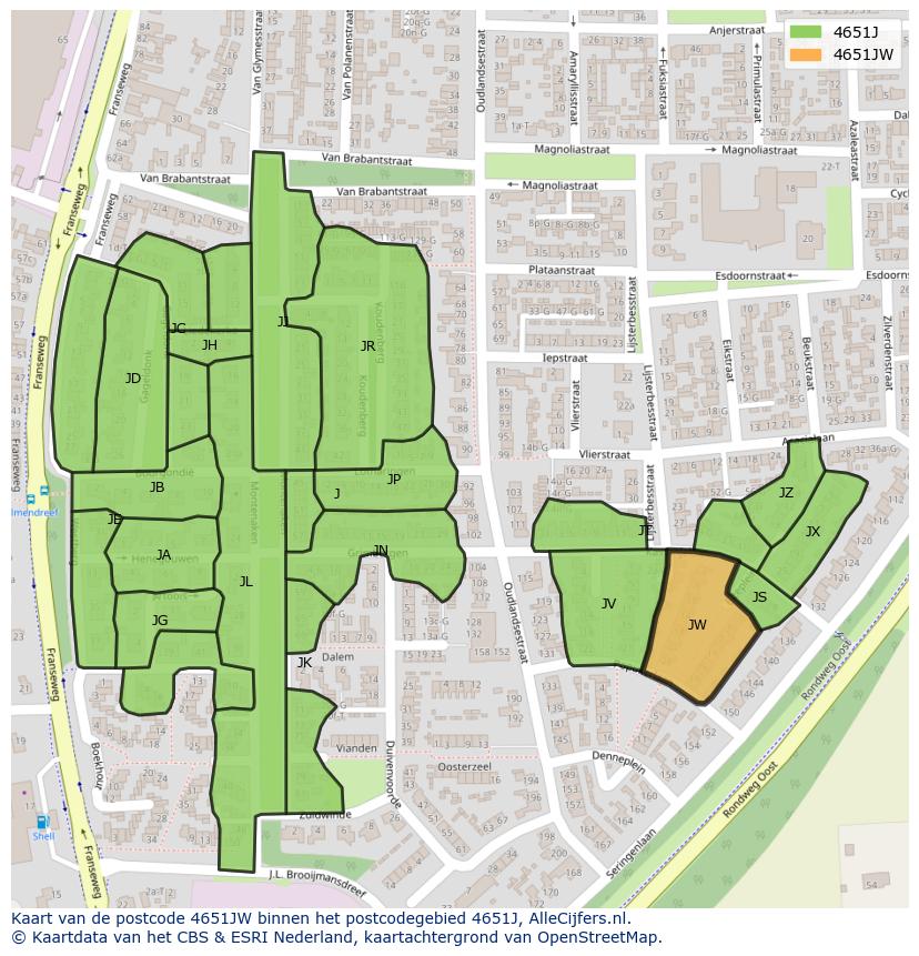 Afbeelding van het postcodegebied 4651 JW op de kaart.