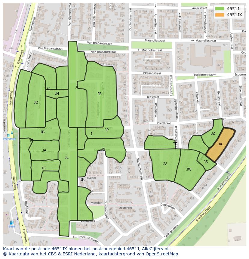 Afbeelding van het postcodegebied 4651 JX op de kaart.