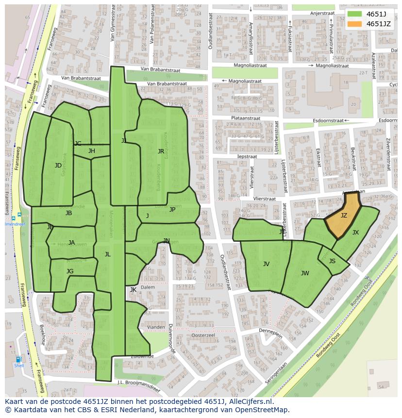 Afbeelding van het postcodegebied 4651 JZ op de kaart.