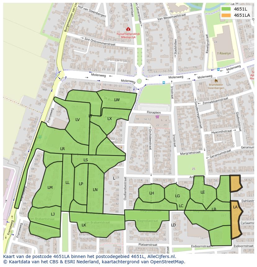 Afbeelding van het postcodegebied 4651 LA op de kaart.