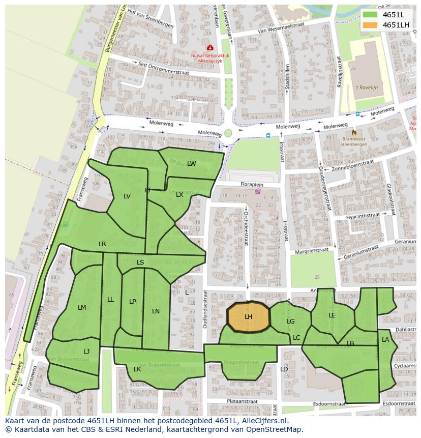 Afbeelding van het postcodegebied 4651 LH op de kaart.
