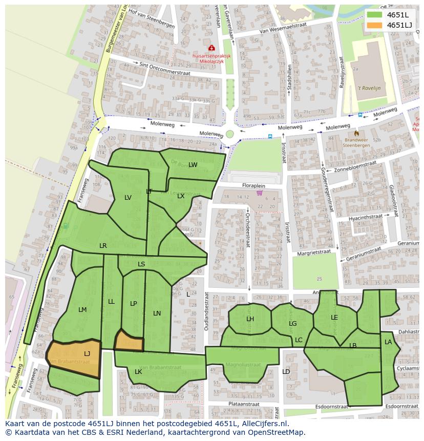 Afbeelding van het postcodegebied 4651 LJ op de kaart.