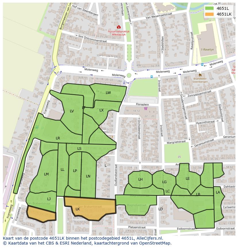 Afbeelding van het postcodegebied 4651 LK op de kaart.