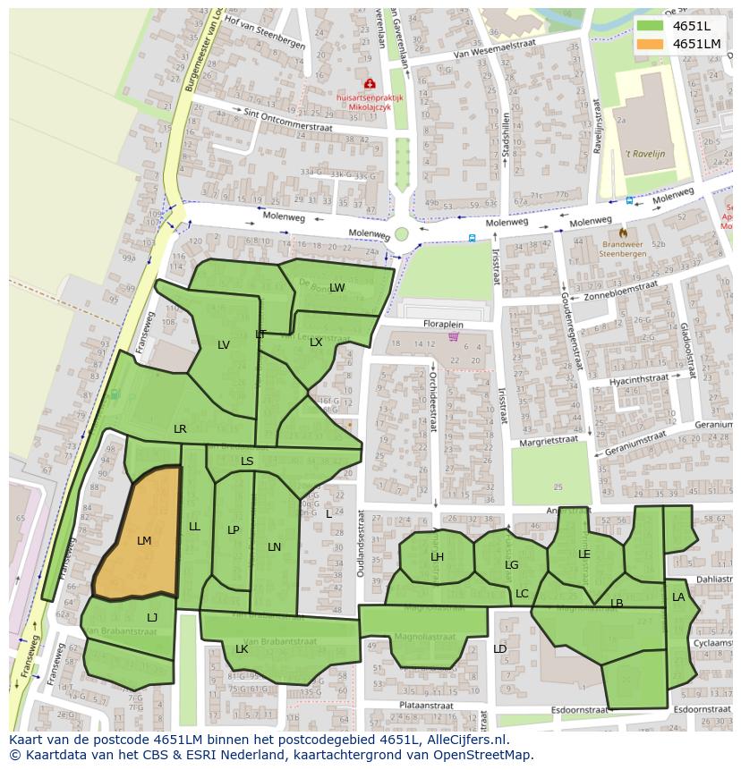 Afbeelding van het postcodegebied 4651 LM op de kaart.