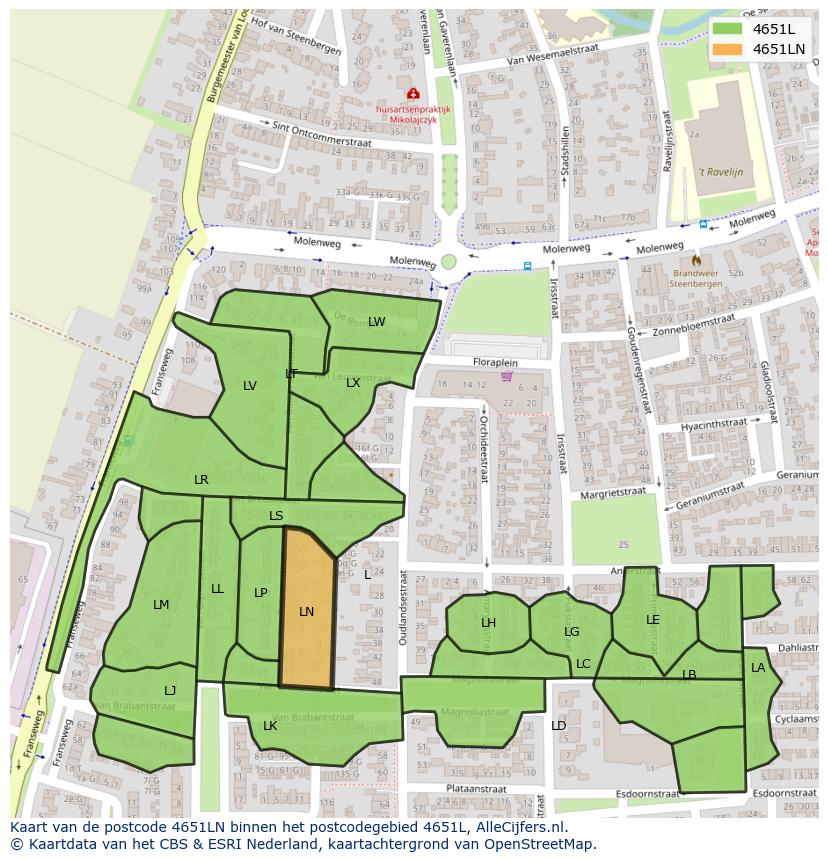 Afbeelding van het postcodegebied 4651 LN op de kaart.