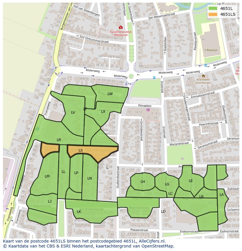 Afbeelding van het postcodegebied 4651 LS op de kaart.